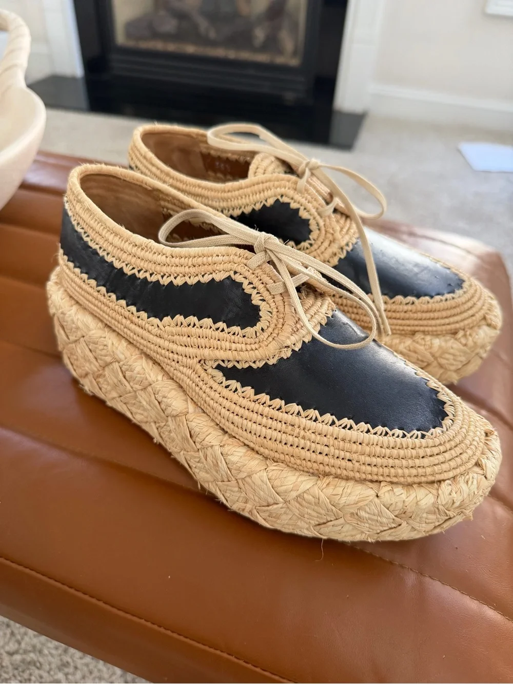Robert Clergerie Black and Natural Raffia Lace-Up Platform Espadrilles.